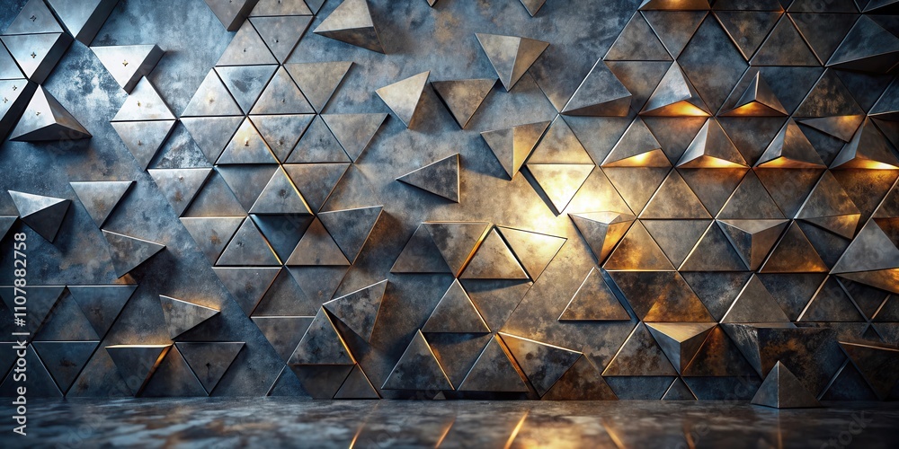 Poster A  geometric wall of metallic triangles, some with warm glowing lights, creating a futuristic and abstract backdrop