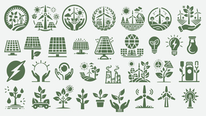 Eco-Friendly Energy and Sustainability Icons Collection. A diverse set of green-themed vector illustrations representing renewable energy, nature  conservation, and sustainable living.