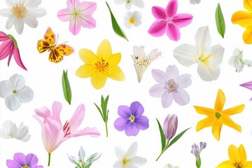 Fresh bouquet of various flowers against a clean white surface, ideal for use in still life photography or as a decorative element