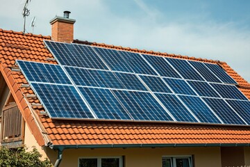 A modern house with solar panels installed on its rooftop, providing renewable energy
