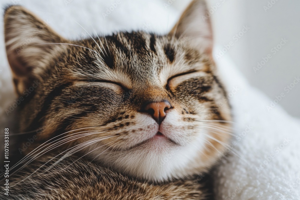 Poster a close-up photo of a cat resting peacefully on a soft blanket