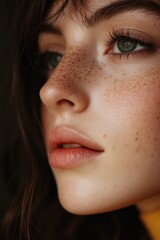 Fototapeta premium A close-up shot of a woman's face featuring freckles, ideal for use in beauty or lifestyle contexts