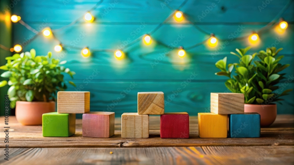 Aufkleber colorful wooden blocks arranged on a wooden surface with green plants and string lights in the backg