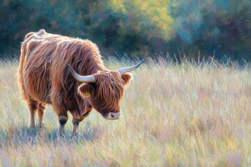 A cow with long hair grazing in a green field