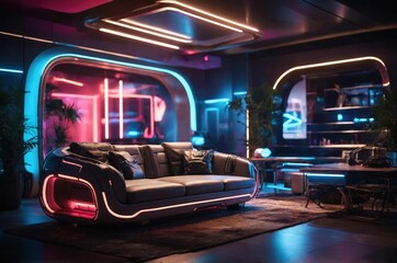 Obraz premium Minimalist cyberpunk futuristic, interior architecture buliding room design with neon lights. 