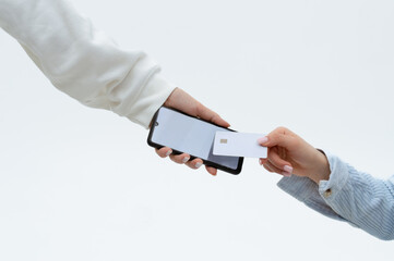 Contactless Payment on White Background: NFC Technology with Payment Confirmation, Featuring Hands...