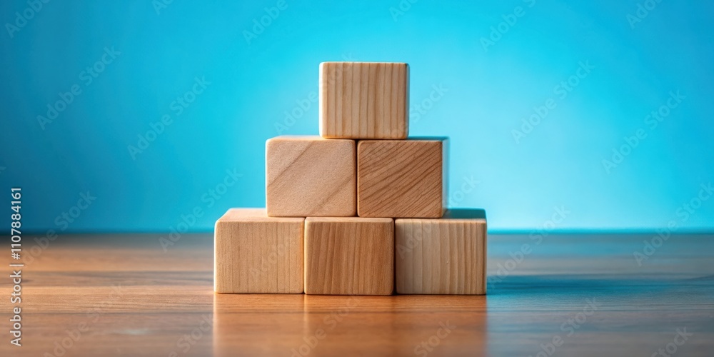 Poster a pyramid of smooth wooden blocks arranged on a wooden surface against a blue background