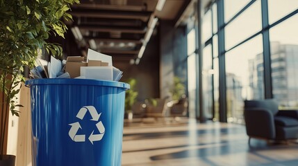 Blue recyling bin filled with paper and plastic , reducing waste,focus on,environment theme.