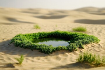 Fototapeta premium Small pond surrounded by sand dunes and cacti in a desert environment