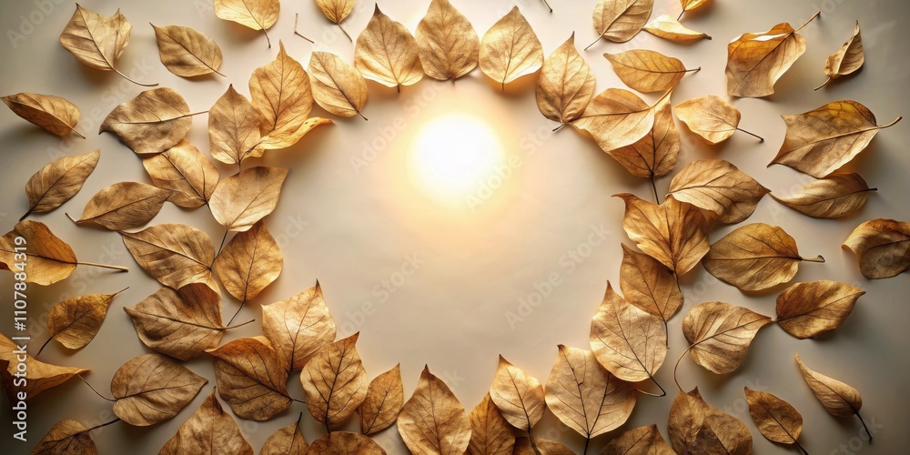 Poster a circular frame of dried leaves arranged around a soft, warm glow, evoking a sense of tranquility a
