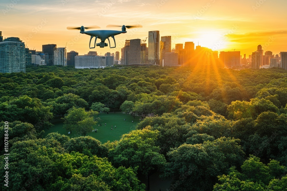 Poster aerial view of a dense forest with vibrant green foliage and sunlight filtering through the trees