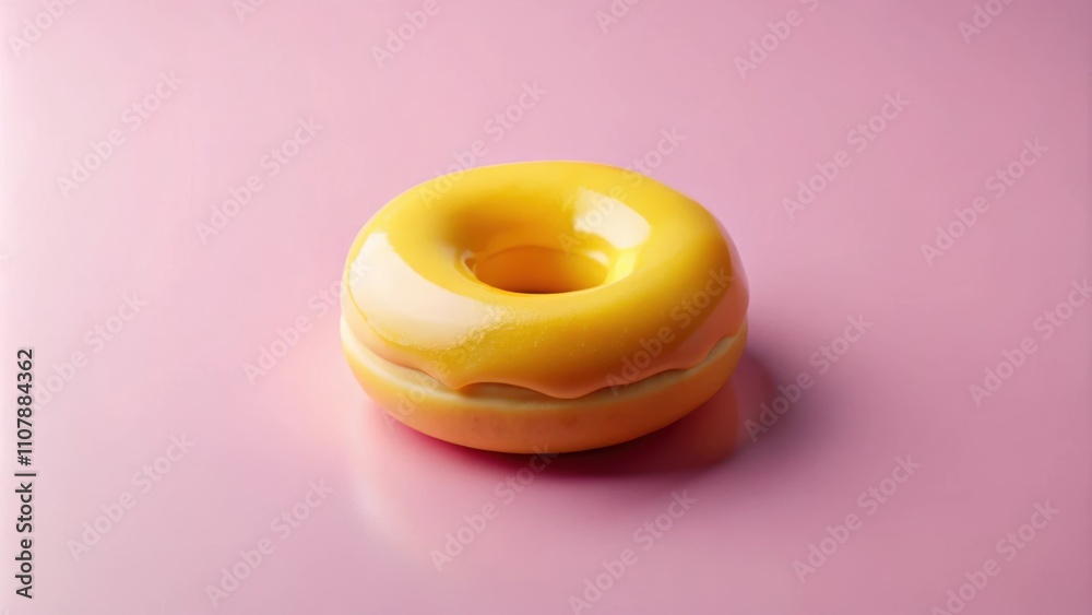 Poster a single glazed donut, featuring a vibrant yellow glaze, rests on a soft pink background. the donut'