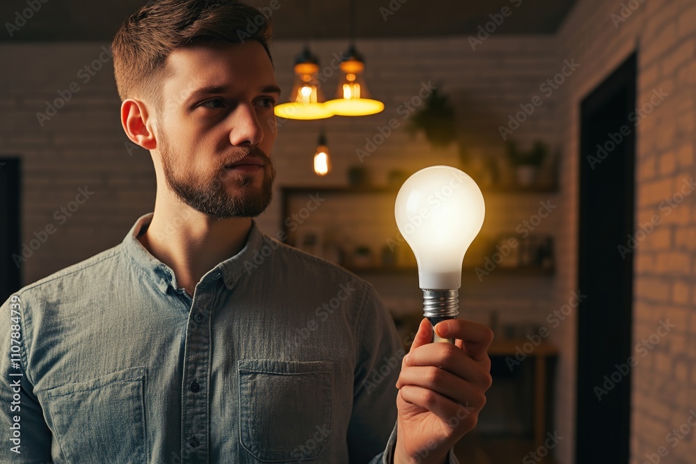 Poster A person holding a light bulb, possibly fixing or using it for a task