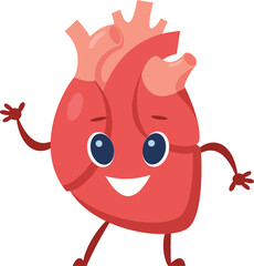 Cartoon illustration of a happy human heart waving and smiling, promoting health, cardiology, and medical concepts with a cheerful and engaging design