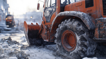 Fototapeta premium Close up view of a backhoe loader working in a snowy urban construction site during winter