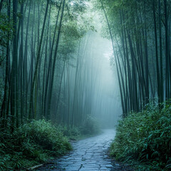 Fototapeta premium Bamboo Forest After Rain with Misty Fog