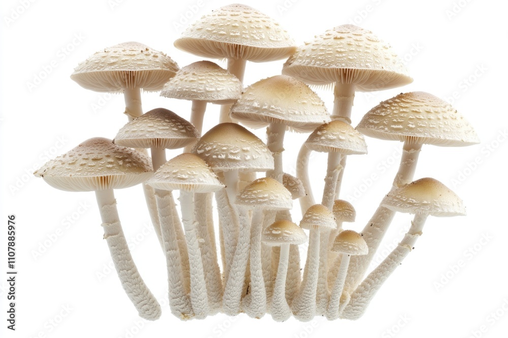 Poster a close-up shot of various mushrooms on a plain white surface