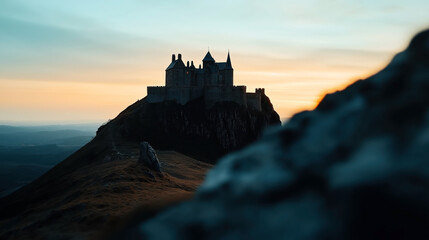 Obraz premium Majestic medieval castle perched on a hilltop during sunset, with dramatic sky and expansive landscape