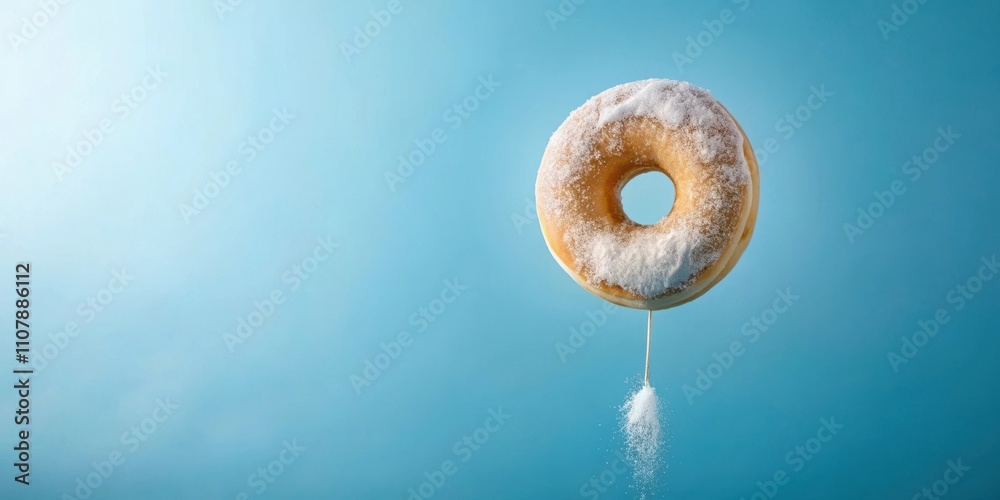 Poster a frosted donut hangs from a thin thread, its sugar coating gently raining down on a blue background