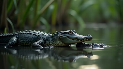 Fototapeta premium A mother alligator watches over her baby by the swamp. Their bond is highlighted by the calm waters and soft lighting, evoking a sense of care and protection in the wild.