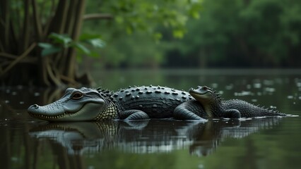 Obraz premium A mother alligator watches over her baby by the swamp. Their bond is highlighted by the calm waters and soft lighting, evoking a sense of care and protection in the wild.