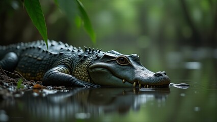 Obraz premium A mother alligator watches over her baby by the swamp. Their bond is highlighted by the calm waters and soft lighting, evoking a sense of care and protection in the wild.