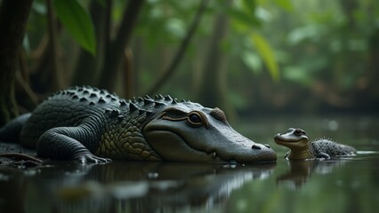 Fototapeta premium A mother alligator watches over her baby by the swamp. Their bond is highlighted by the calm waters and soft lighting, evoking a sense of care and protection in the wild.