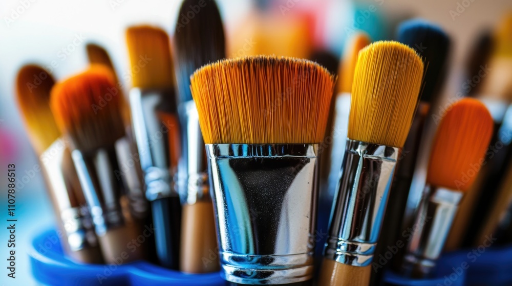 Poster collection of paintbrushes stored in a blue container, ideal for art studio or crafting use