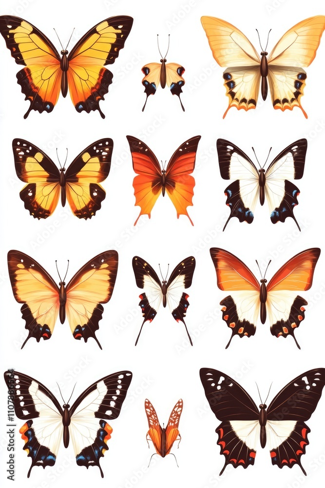 Poster a group of colorful butterflies sit on a plain white background, ideal for use in educational or dec