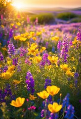 Fototapeta premium lush vibrant wildflower fields flourishing under clear expansive blue sky capturing colorful beauty, wildflowers, skies, nature, landscapes, blooms
