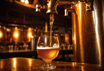 close vibrant craft beer pouring from tap bubbles foamy texture glass under soft lighting, amber, ale, brewery, bubbly, brew, brewpub, brightness, cascade