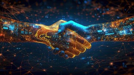 A digital handshake between a human hand and a robotic hand symbolizes collaboration between technology and humanity.