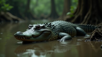 Obraz premium An alligator basking by the water’s edge in a swampy environment. Its powerful, armored body contrasts with the peaceful, murky waters, showcasing its dominance in nature.