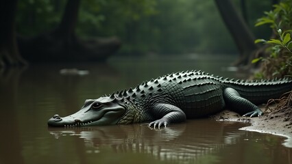 An alligator basking by the water&rsquo;s edge in a swampy environment. Its powerful, armored body contrasts with the peaceful, murky waters, showcasing its dominance in nature.