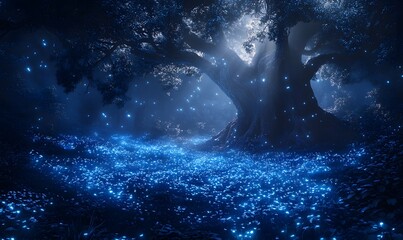 A night scene with the forest bathed in the soft glow of bioluminescent plants