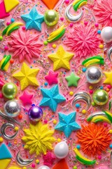 Fototapeta premium Pink Party Background with Colorful Stars and Decorations
