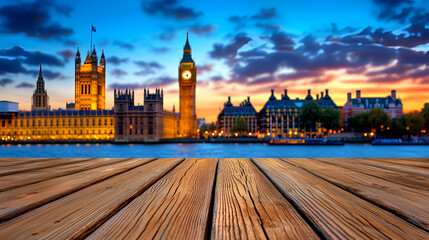 Obraz premium A stunning sunset view of London's skyline featuring the Houses of Parliament and Big Ben, with a wooden foreground adding depth to the scene.