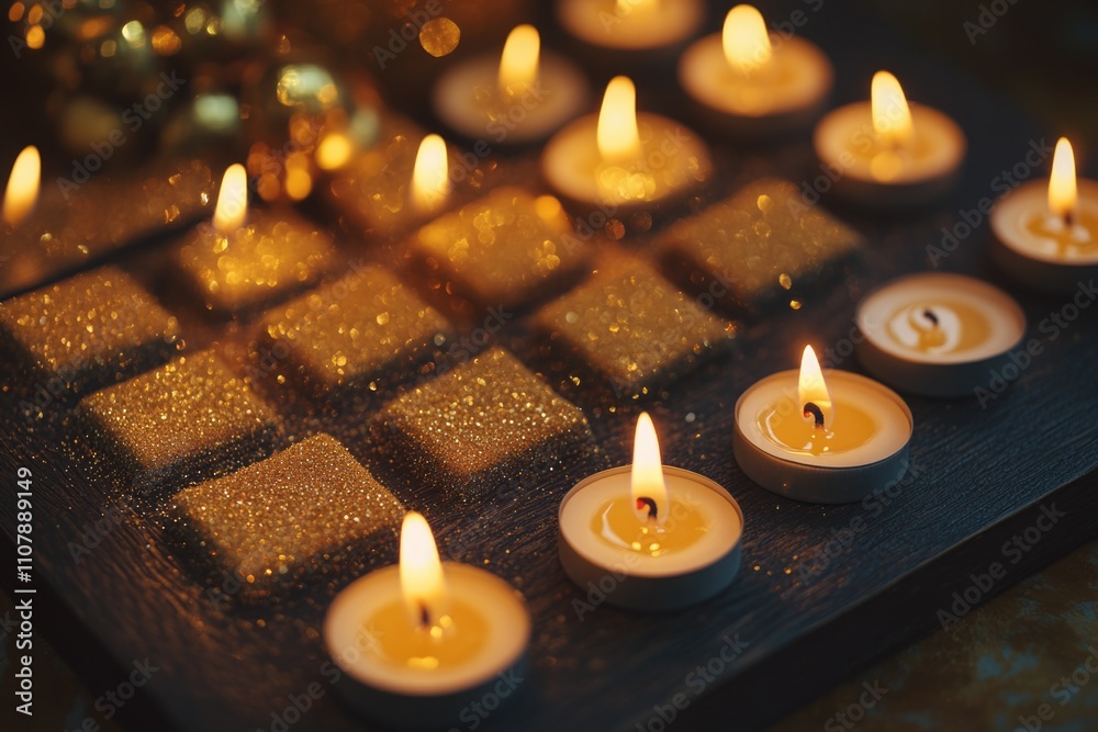 Poster a collection of lit candles placed on a flat surface, perfect for decorative purposes or as a warm g