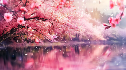 Cherry blossom trees on a windy day, with petals swirling through the air in a dynamic scene.