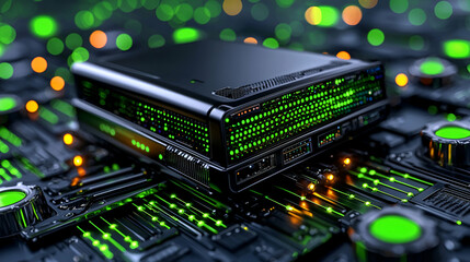 A sleek black device sits on a circuit board, illuminated by vibrant green and yellow lights, showcasing a high-tech, futuristic aesthetic.