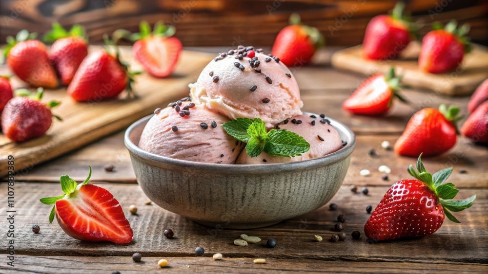 Aufkleber strawberry ice cream with dark chocolate sprinkles in a bowl on a rustic wooden surface with fresh s
