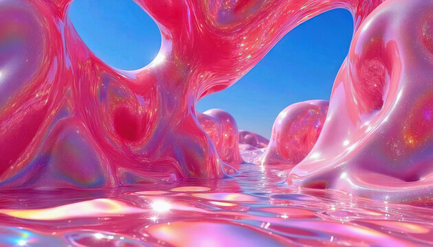 Surreal fantasy 3D landscape with pink iridescent bubble gum of candy shapes, reflecting in a glossy, liquid surface under a bright blue sky