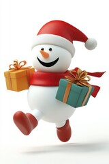 Snow man running to delivery christmas gifts, cute, 3d, cartoon character, white background.