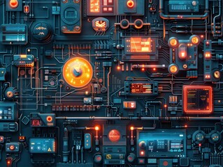 Fototapeta premium A complex digital interface with circuits and glowing elements.