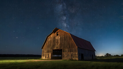 Obraz premium A rustic barn under a deep blue evening sky, with stars beginning to twinkle
