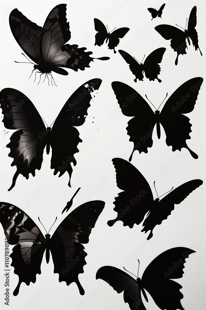 Aufkleber a group of black butterflies on a simple white background