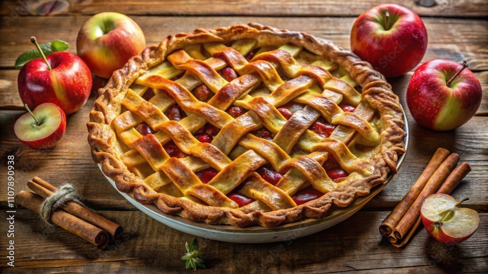 Poster a freshly baked apple pie with a golden crust and a lattice top, surrounded by whole apples and cinn