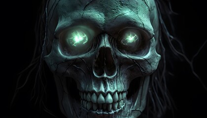 skull with glowing eyes and shadowed face de