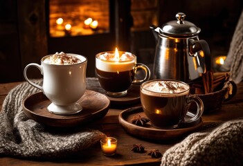 Fototapeta premium diverse selection warm beverages inviting cozy interior settings soft lighting textiles, coffee, tea, cocoa, mug, cup, steam, cream, sugar, cinnamon
