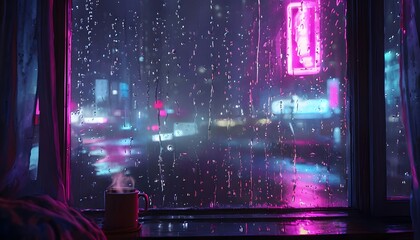Fototapeta premium rainy window with neon lights creating a moody scene viewed from inside a cozy room
